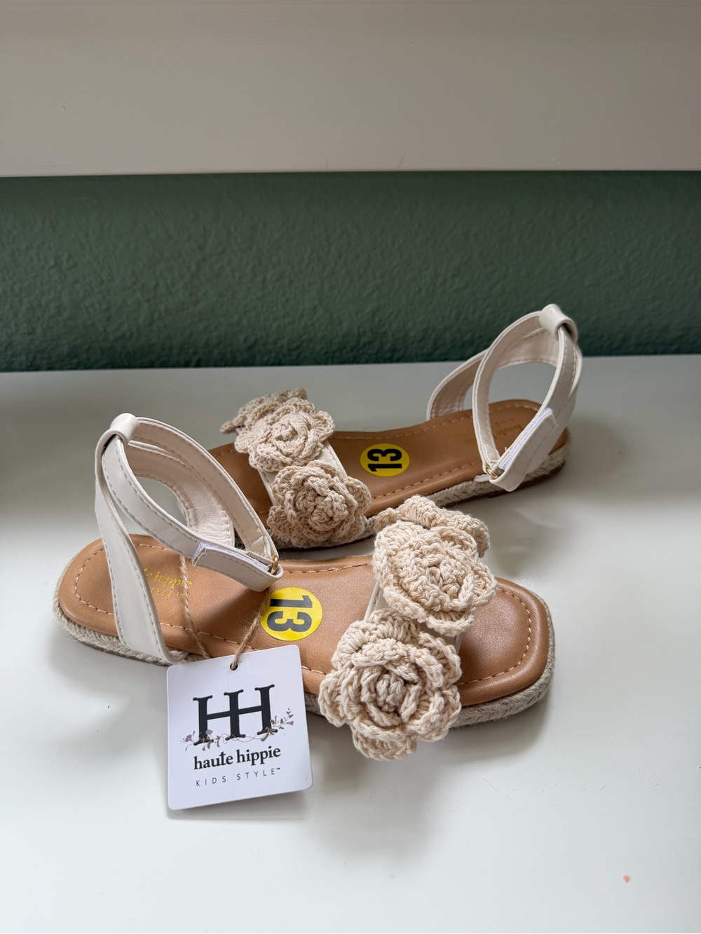 Haute Hippie Kids White and Beige Crochet Rosette Sandals